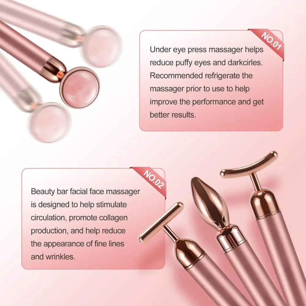 4 in 1 Vibrating Rose Quartz Roller Face Roller Eye Massager Jade Roller T/V Shaped Face Lifting Slimming Beauty Bar Massager