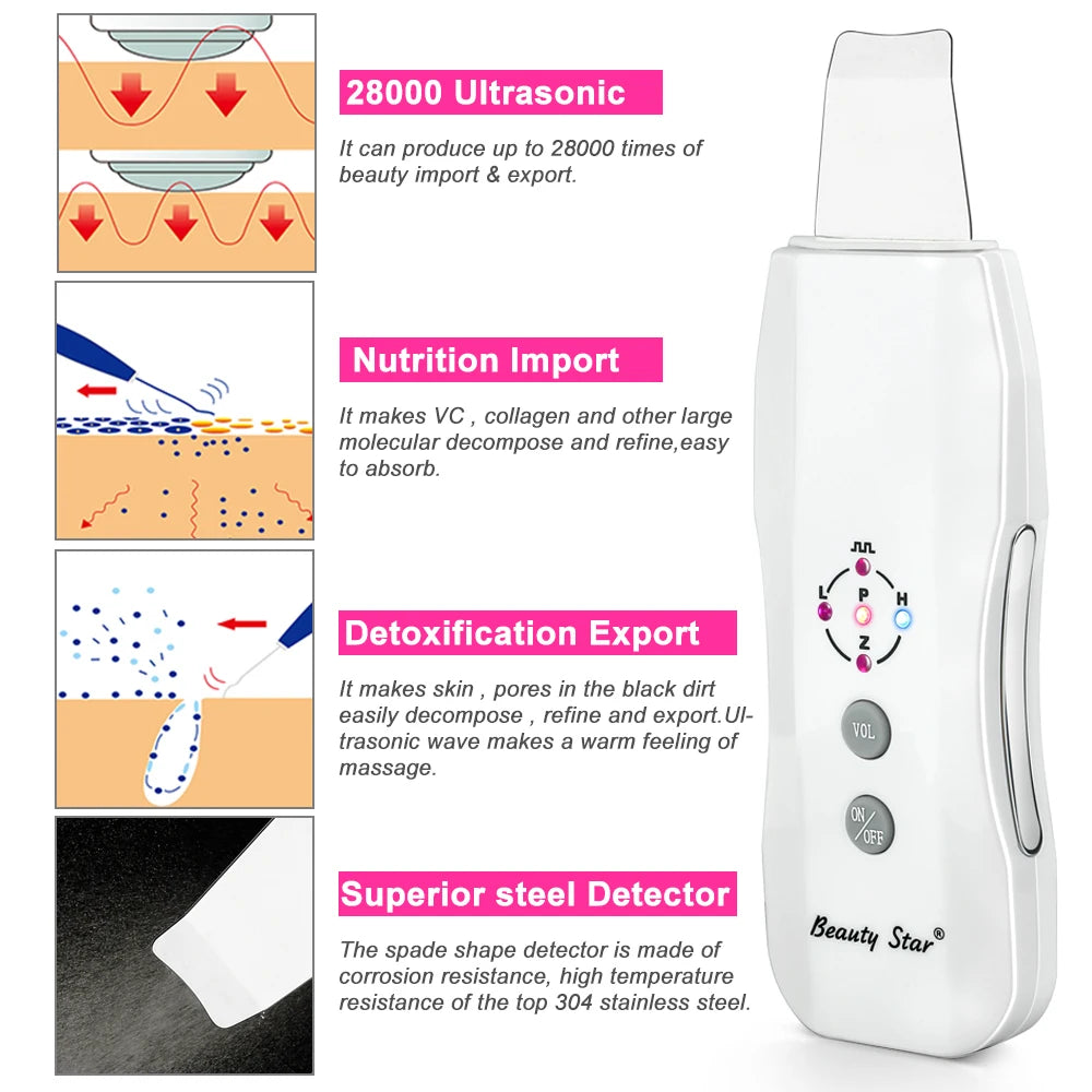 Beauty Star Ultrasonic Skin Scrubber Massager Machine Facial Skin Cleaning Anion Face Skin Care Ultrasound Peeling Skin Scrubber