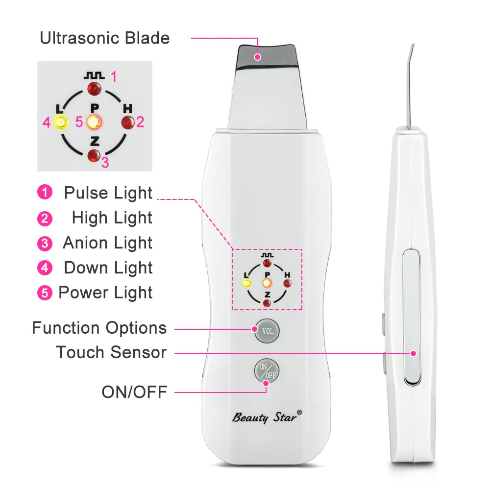 Beauty Star Ultrasonic Skin Scrubber Massager Machine Facial Skin Cleaning Anion Face Skin Care Ultrasound Peeling Skin Scrubber