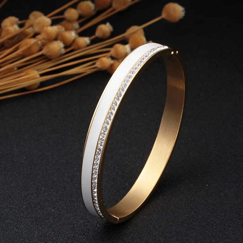 Beauty Stainless Steel Ceramic Resin Women Bracelets Luxury Ladies Crystal Charm Cuff Bangles Wedding Jewelry Gift