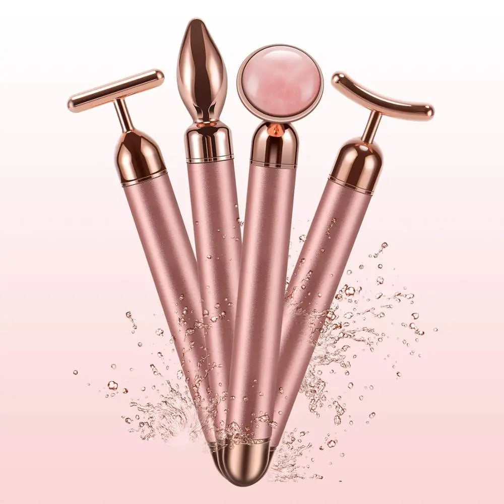 4 in 1 Vibrating Rose Quartz Roller Face Roller Eye Massager Jade Roller T/V Shaped Face Lifting Slimming Beauty Bar Massager