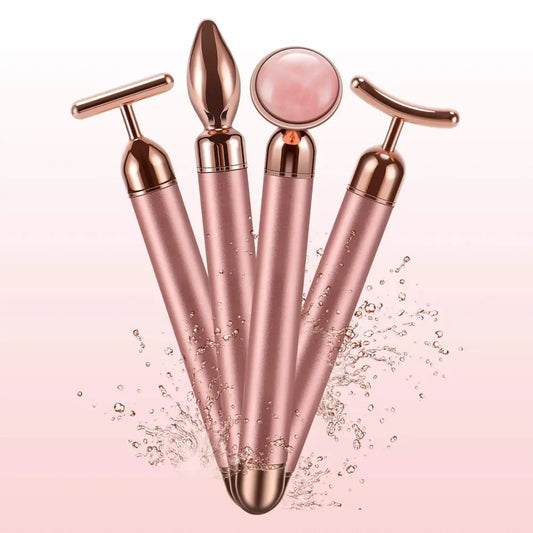 4 in 1 Vibrating Rose Quartz Roller Face Roller Eye Massager Jade Roller T/V Shaped Face Lifting Slimming Beauty Bar Massager